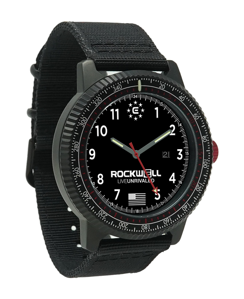 Vanguard black watch angled view with black textile strap and dark round dial
