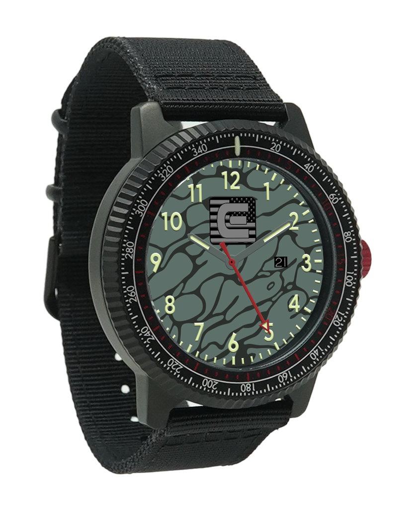 Black case camo dial wristwatch with date window and black fabric strap
