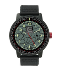 Camo-and-black wristwatch with round bezel, red second hand, and fabric strap