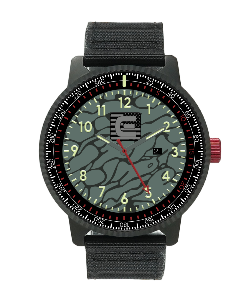 Camo-and-black wristwatch with round bezel, red second hand, and fabric strap