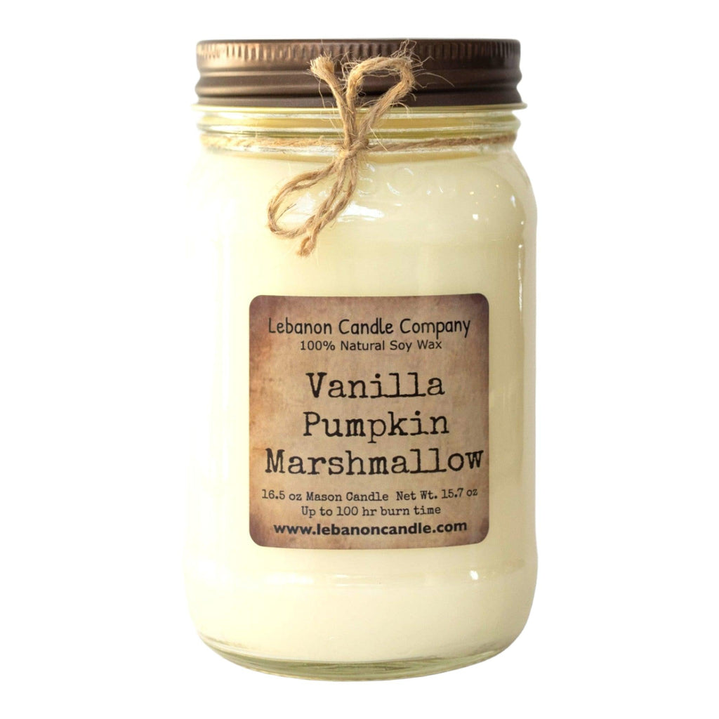 Glass jar candle with vanilla pumpkin marshmallow label and twine-tied lid