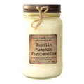 Glass jar candle with vanilla pumpkin marshmallow label and twine-tied lid