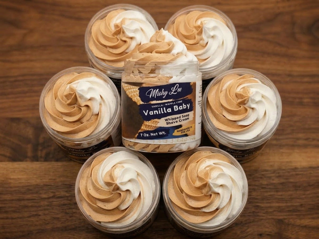 Vanilla baby whipped soap and shave cream set of jars with beige and white swirls