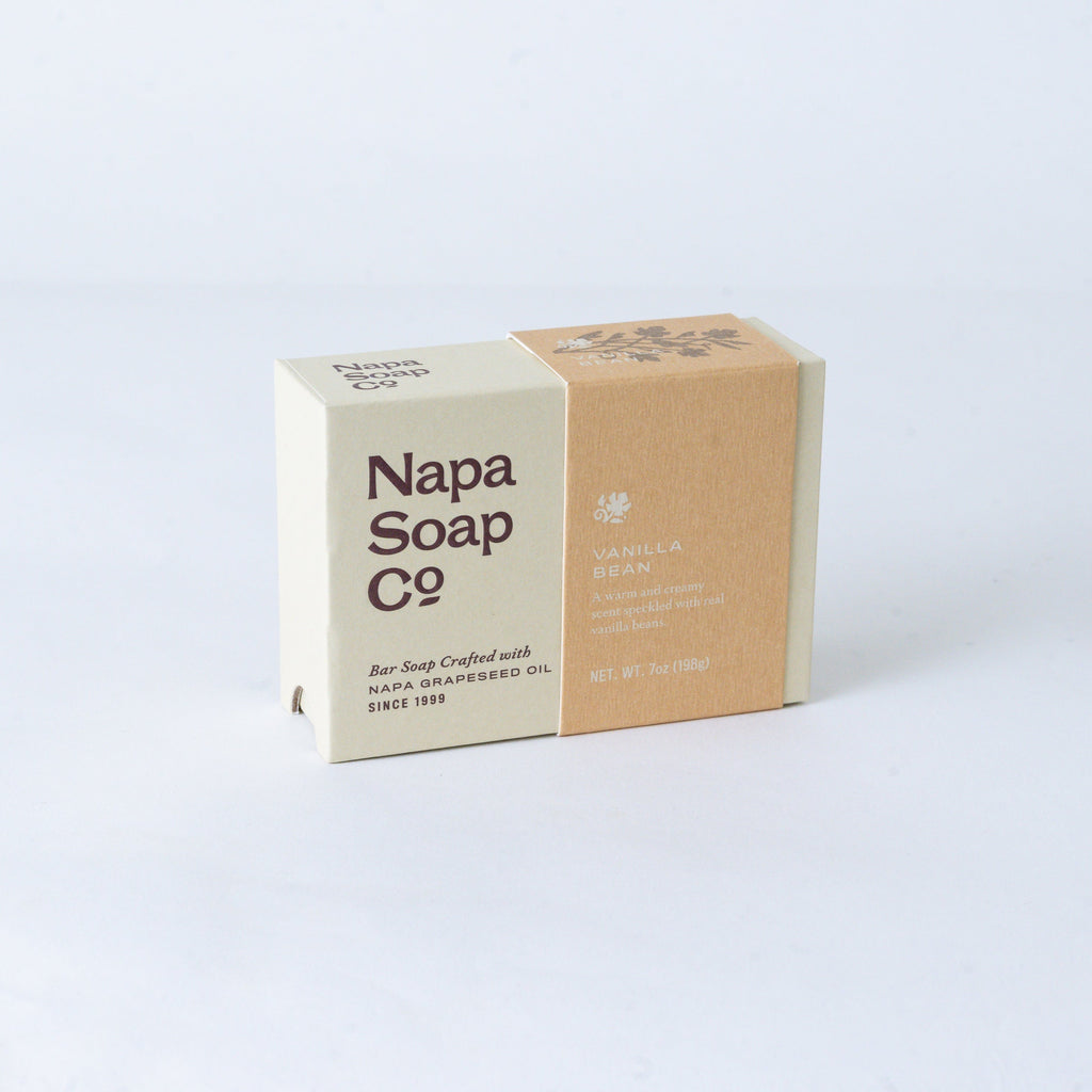 Vanilla bar soap in two rectangular boxes, white and kraft-brown