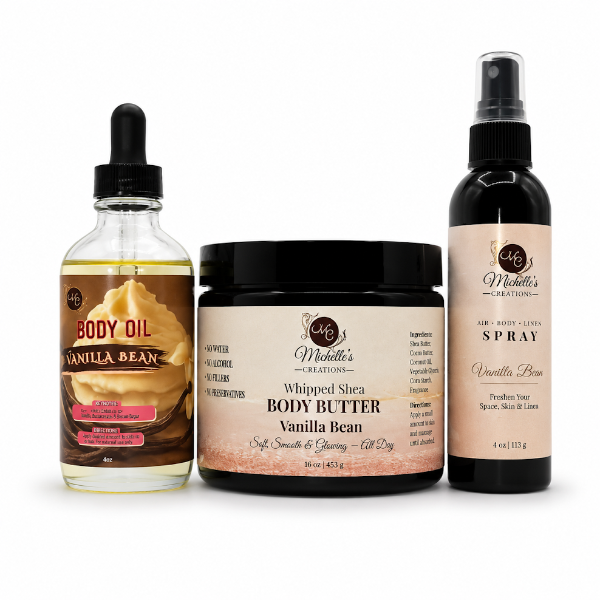 Body oil, whipped shea body butter, and body mist spray set—Vanilla Bean