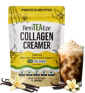 Vanilla collagen creamer pouch with gold-and-white design and vanilla swirl in cup