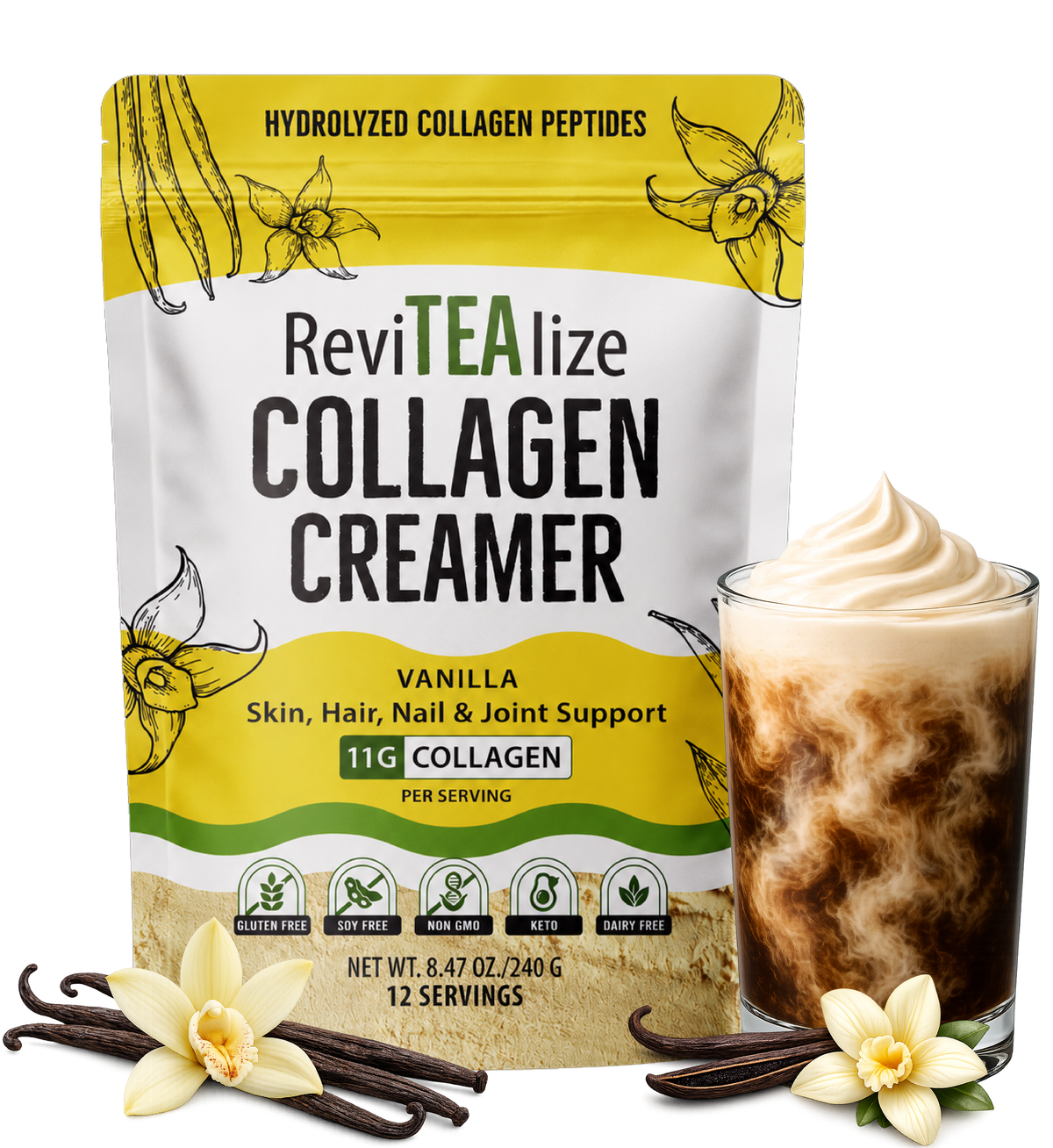 Vanilla collagen creamer pouch with gold-and-white design and vanilla swirl in cup