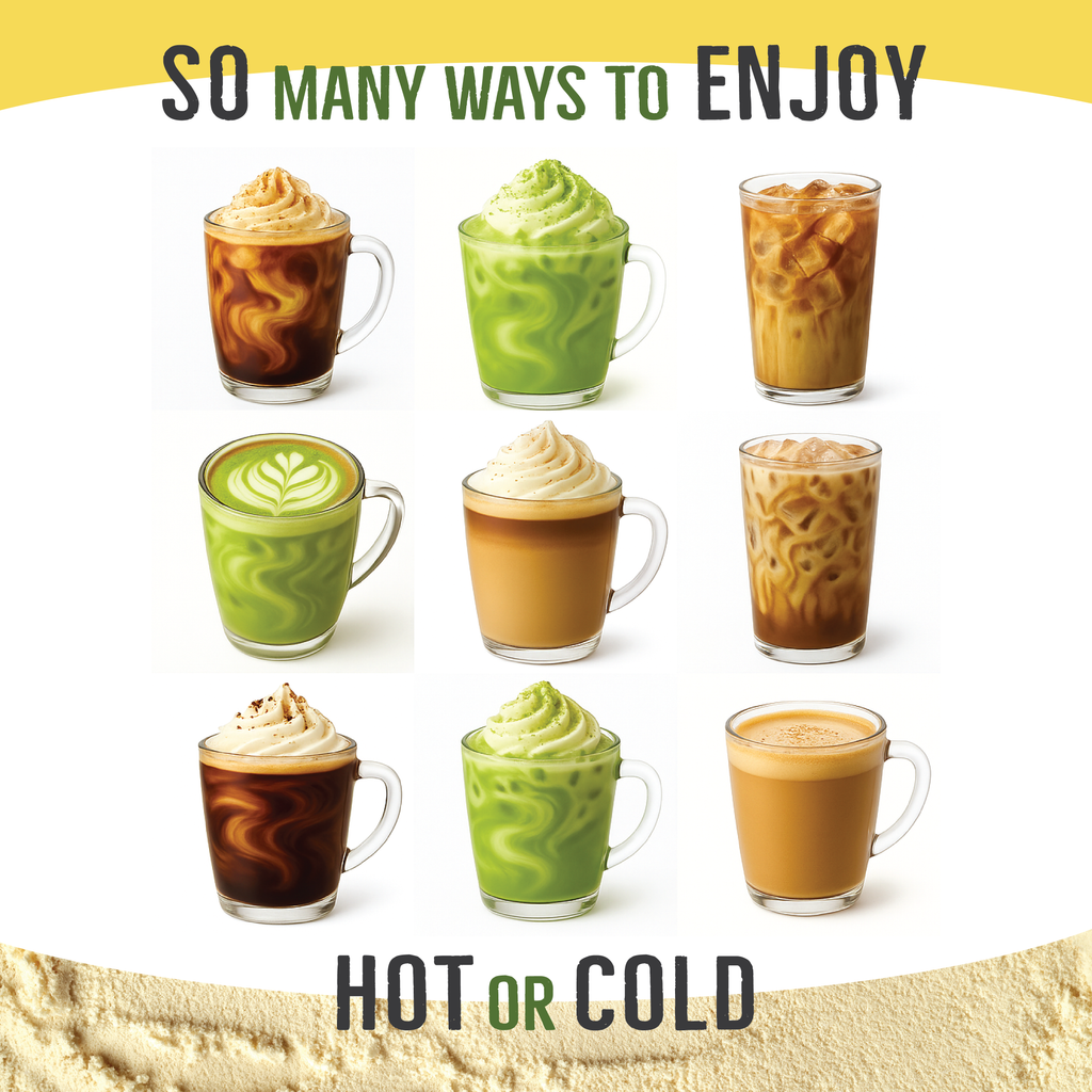 Hot or cold collagen creamer cups with swirl foam variations