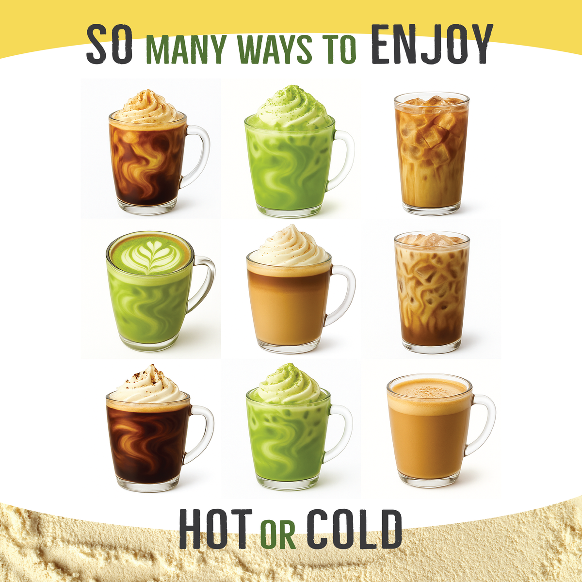 Hot or cold collagen creamer cups with swirl foam variations