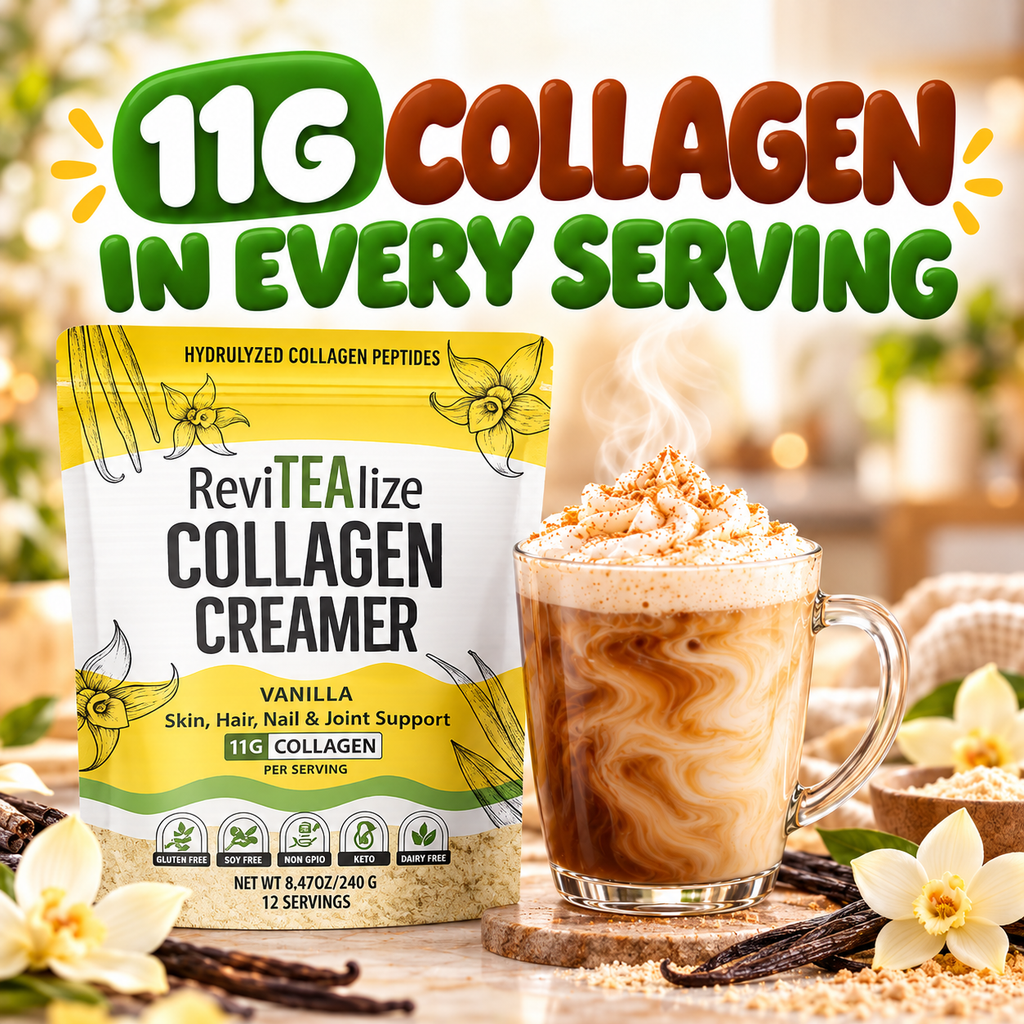 Vanilla collagen creamer pouch with glass mug of foamy vanilla coffee