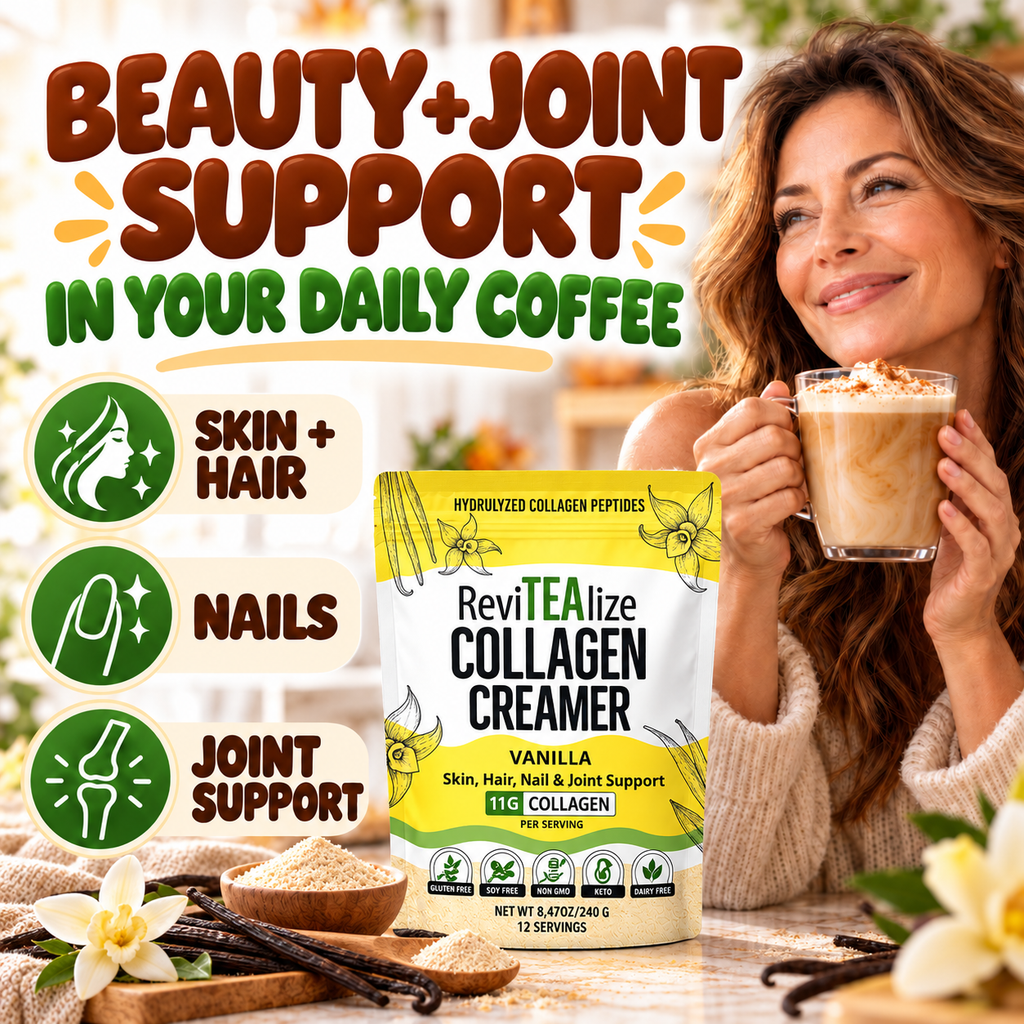 Vanilla collagen creamer pouch with foam-topped vanilla coffee cup on a table
