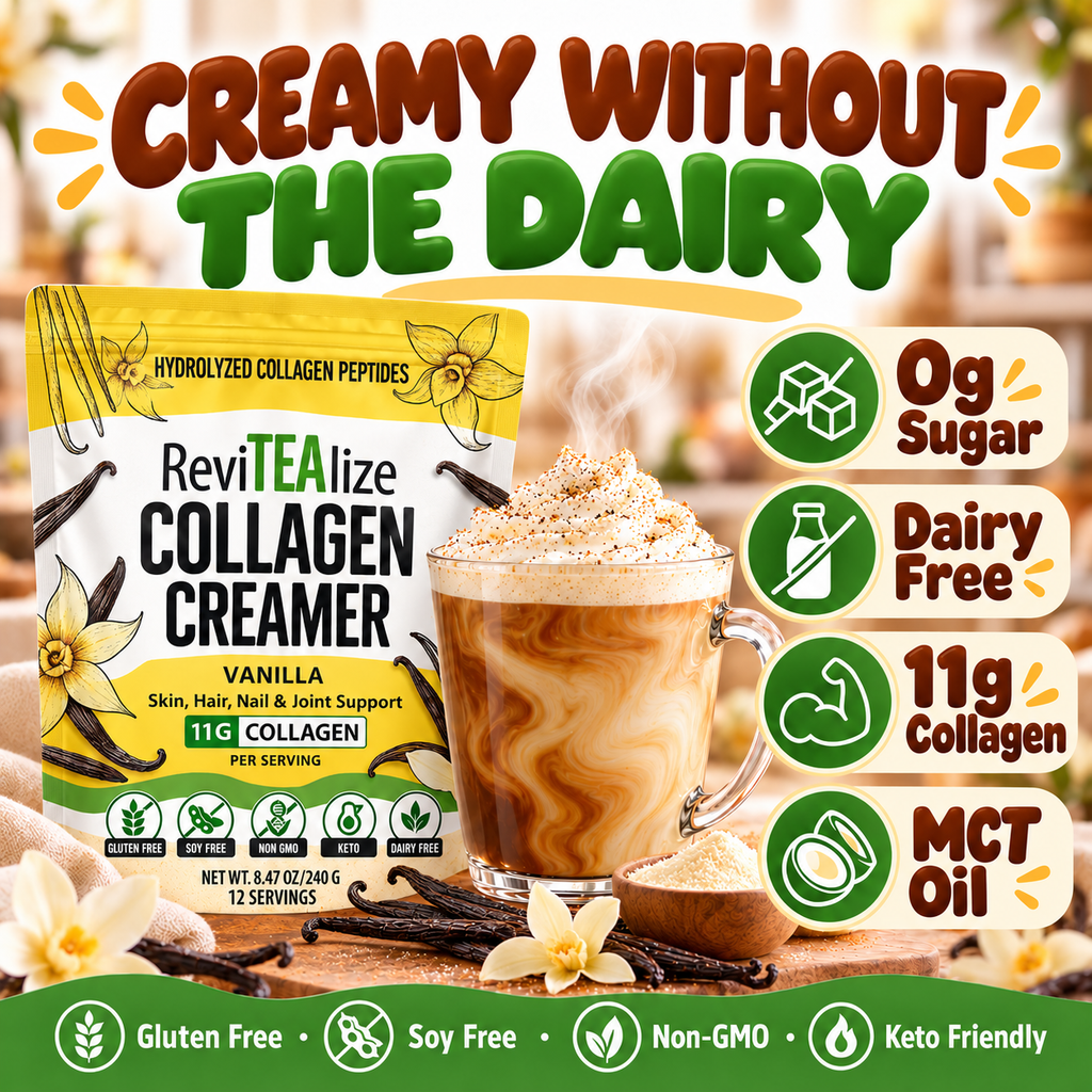 Vanilla collagen creamer pouch with glass mug of vanilla coffee swirl