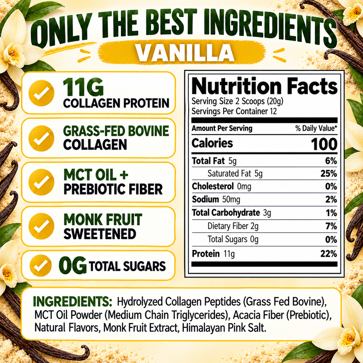 Vanilla collagen creamer label with nutrition facts and ingredient list panel