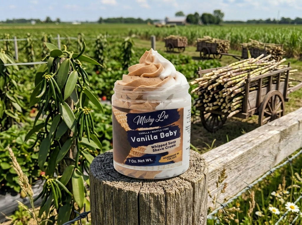 Vanilla baby whipped soap and shave cream jar with layered beige and white swirls