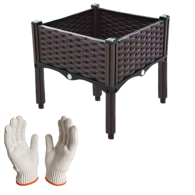 Dark brown raised garden planter box with drainage holes, woven look, four legs