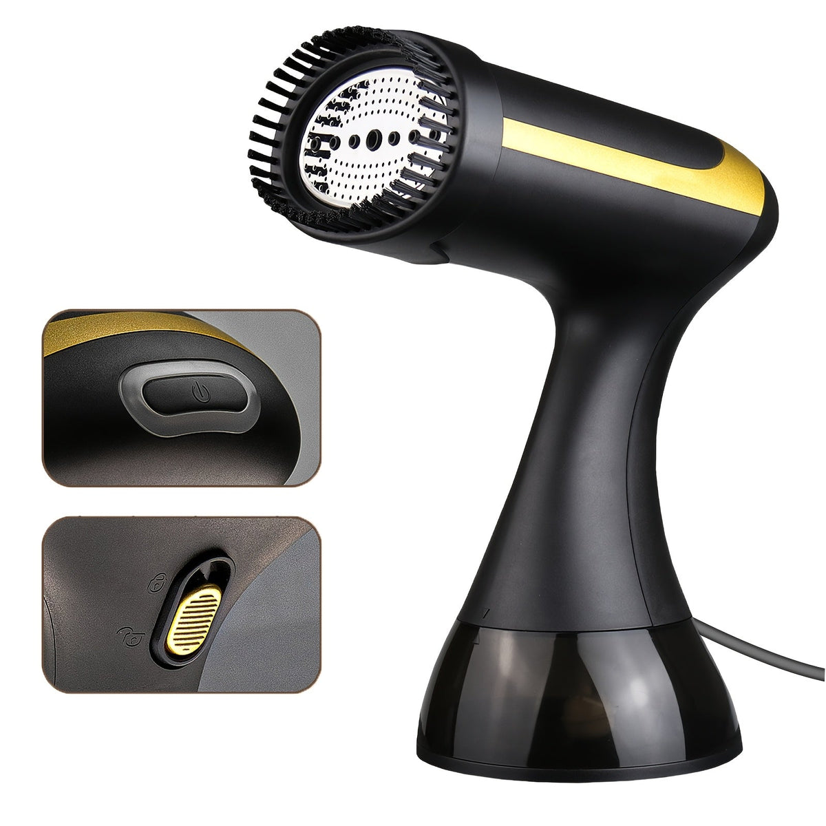 Black handheld garment steamer with yellow accent and perforated steam head attachment.