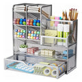 Multi-layer iron mesh desk organizer in silver with open compartments and side pen holders