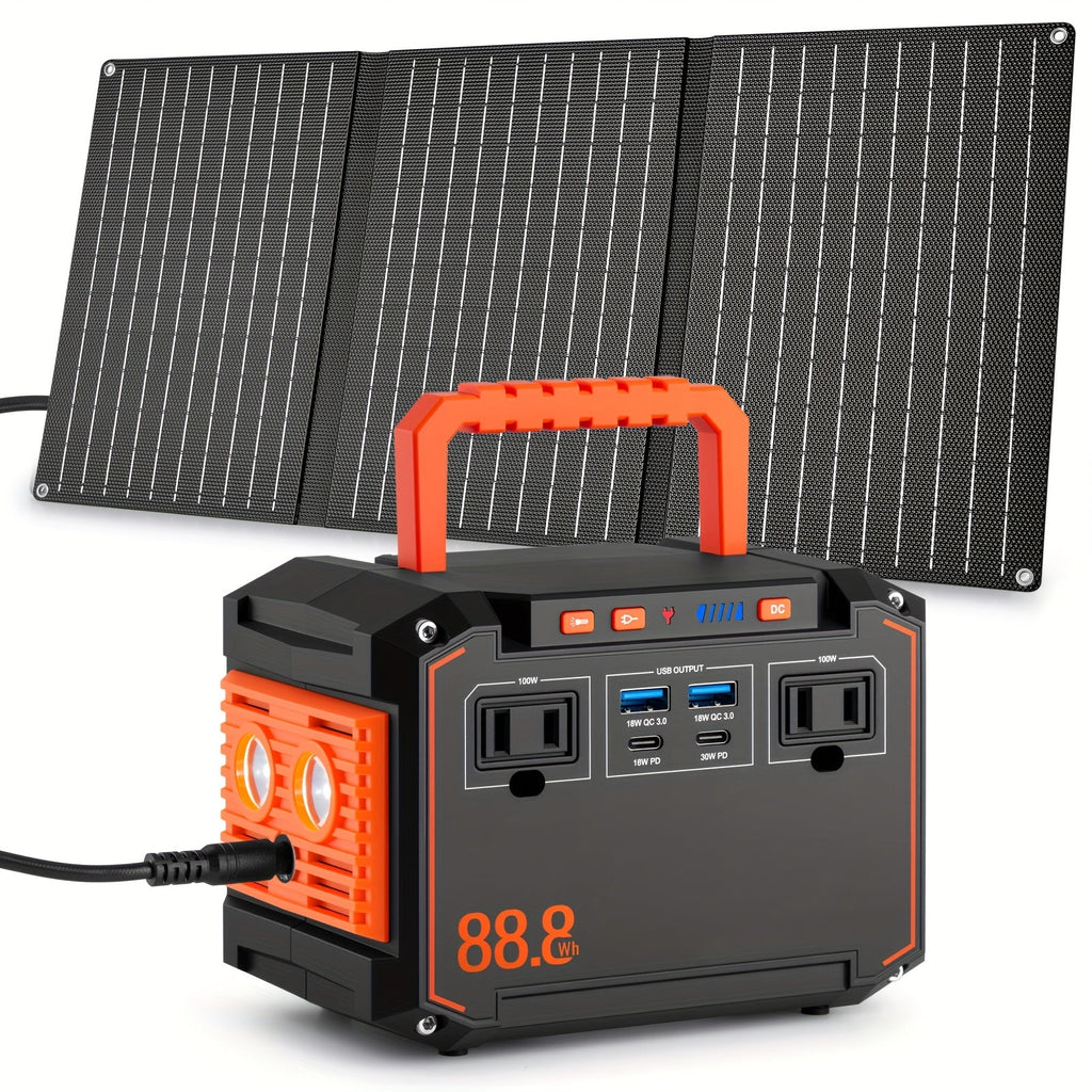 Black and orange portable power station with foldable solar panel, compact front panel