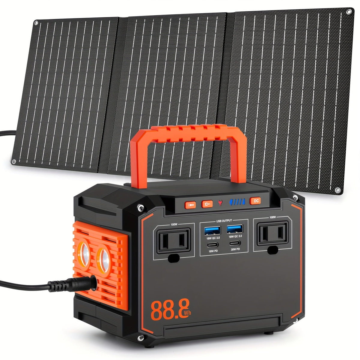 Black and orange portable power station with foldable solar panel, compact front panel