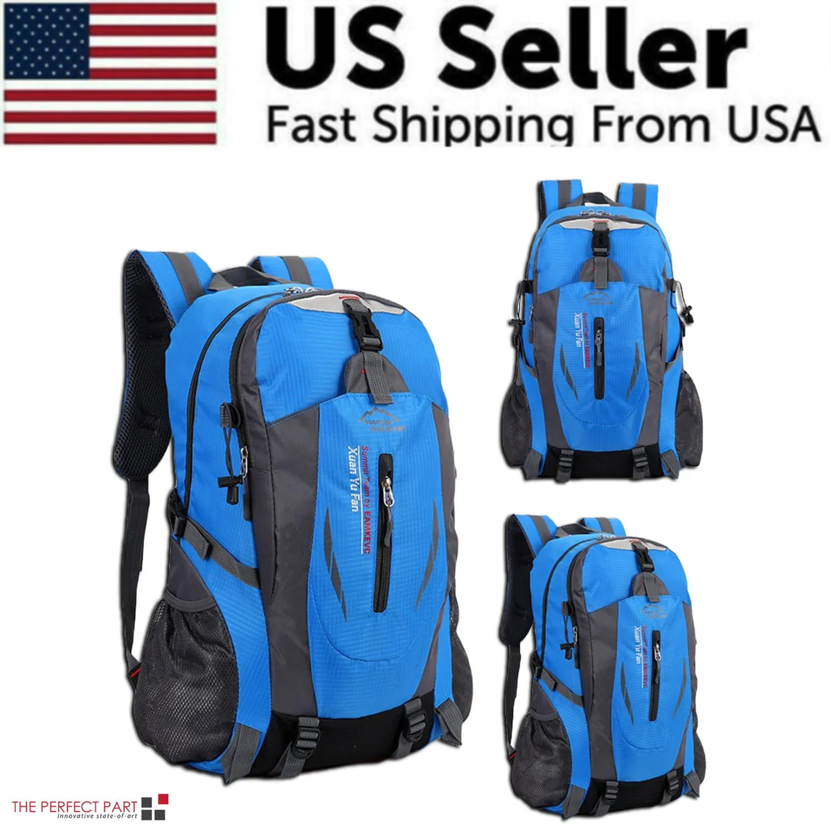 Blue travel backpack with black accents, front zipper, padded shoulder straps, side mesh pockets