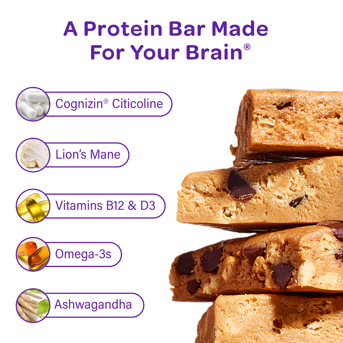 Plant-based snack bar slices with ingredient icons: citicoline, lions mane, vitamins B12 & D3