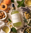 Velour therapeutic massage oil bottle with pump, light green bottle and white label