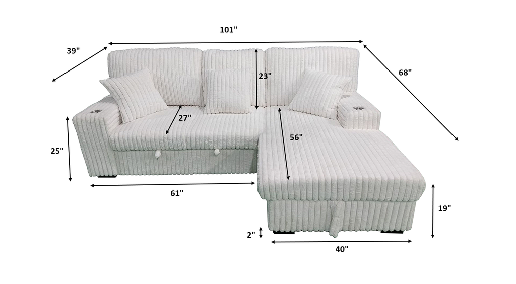 Ivory corduroy sectional size diagram with sleeper chaise and seat measurements