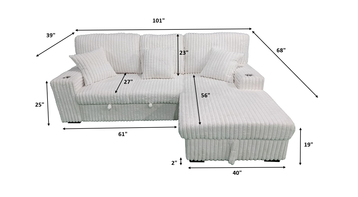 Ivory corduroy sectional size diagram with sleeper chaise and seat measurements