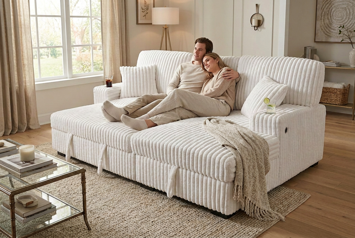 Ivory corduroy sectional sleeper with chaise, quilted throw across the open bed