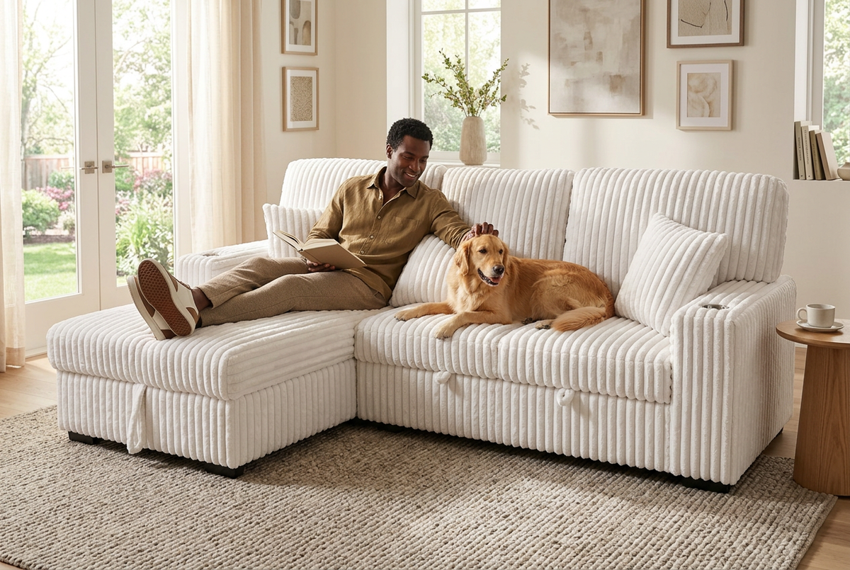 Ivory corduroy sectional sleeper sofa with padded cushions and supportive back pillows