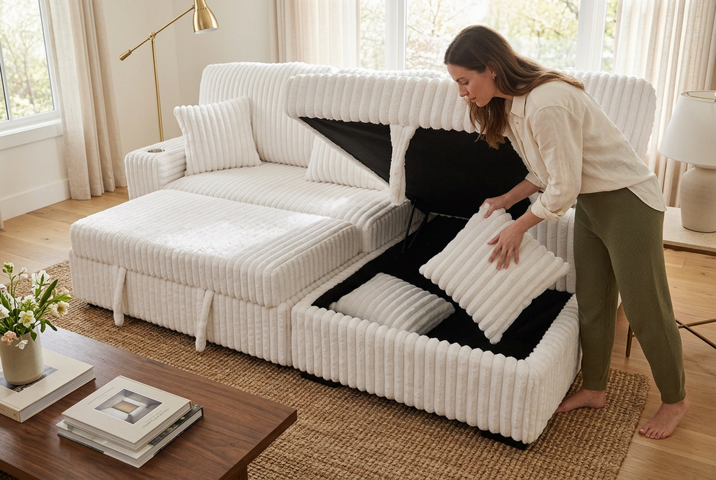 Ivory corduroy sectional sleeper with chaise, storage bed pulled out for use