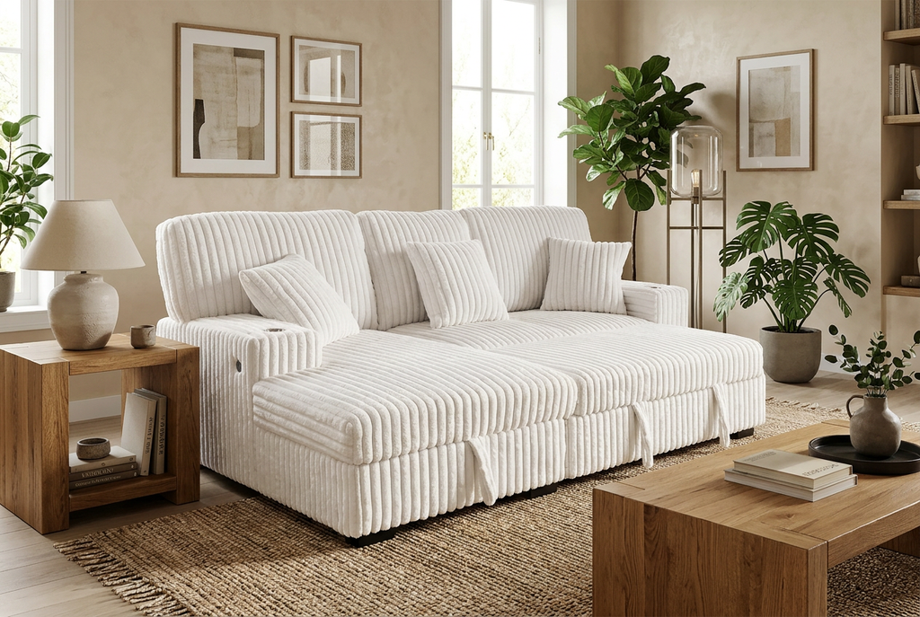 Ivory corduroy sectional sleeper sofa with sleeper bed extended and layered back pillows