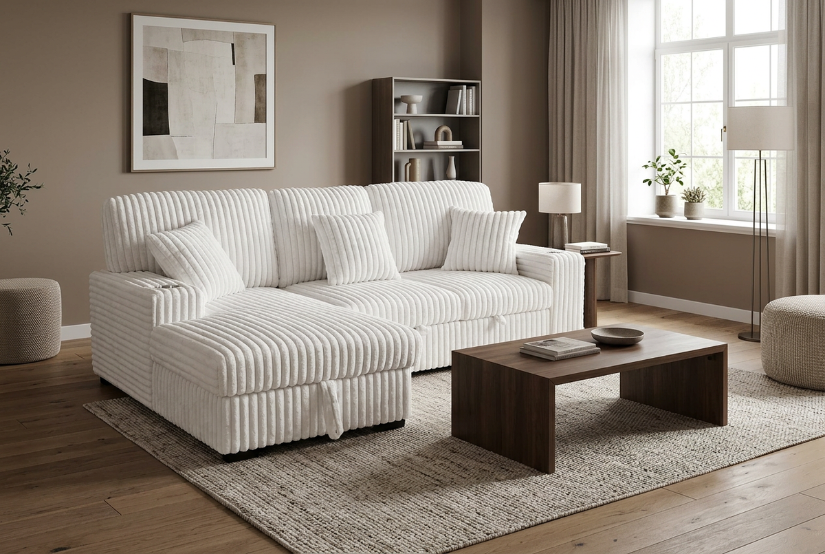 Ivory corduroy sectional sleeper sofa with extended chaise and stacked back pillows