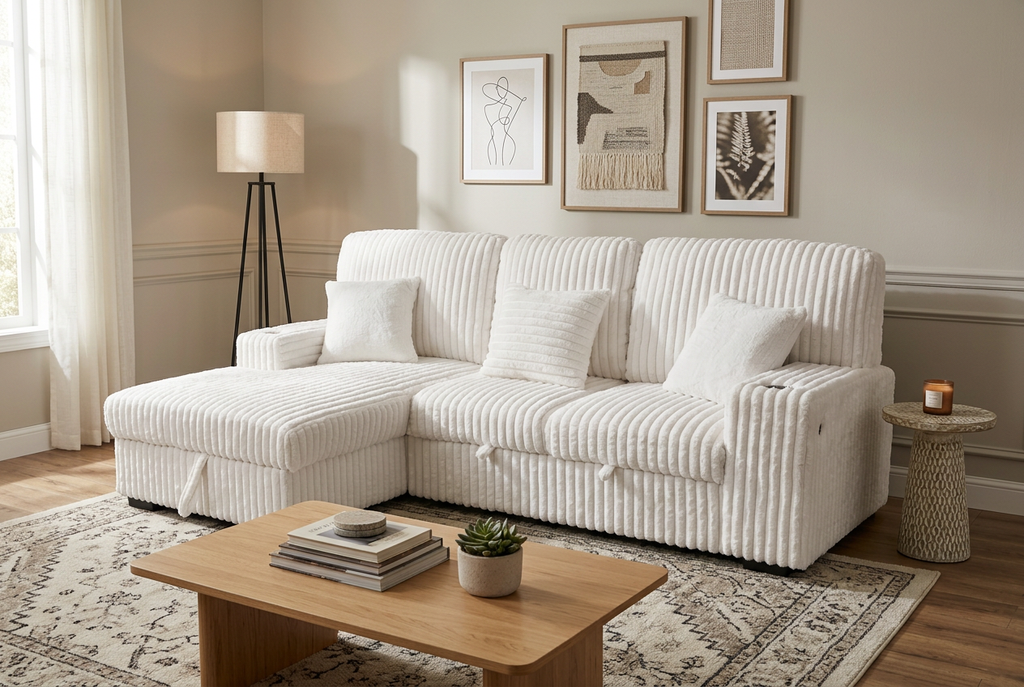 Ivory corduroy sectional sleeper sofa with tall back cushions and plush armrests
