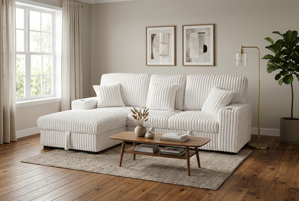 Ivory corduroy sectional sleeper with chaise end, striped texture, and throw pillows