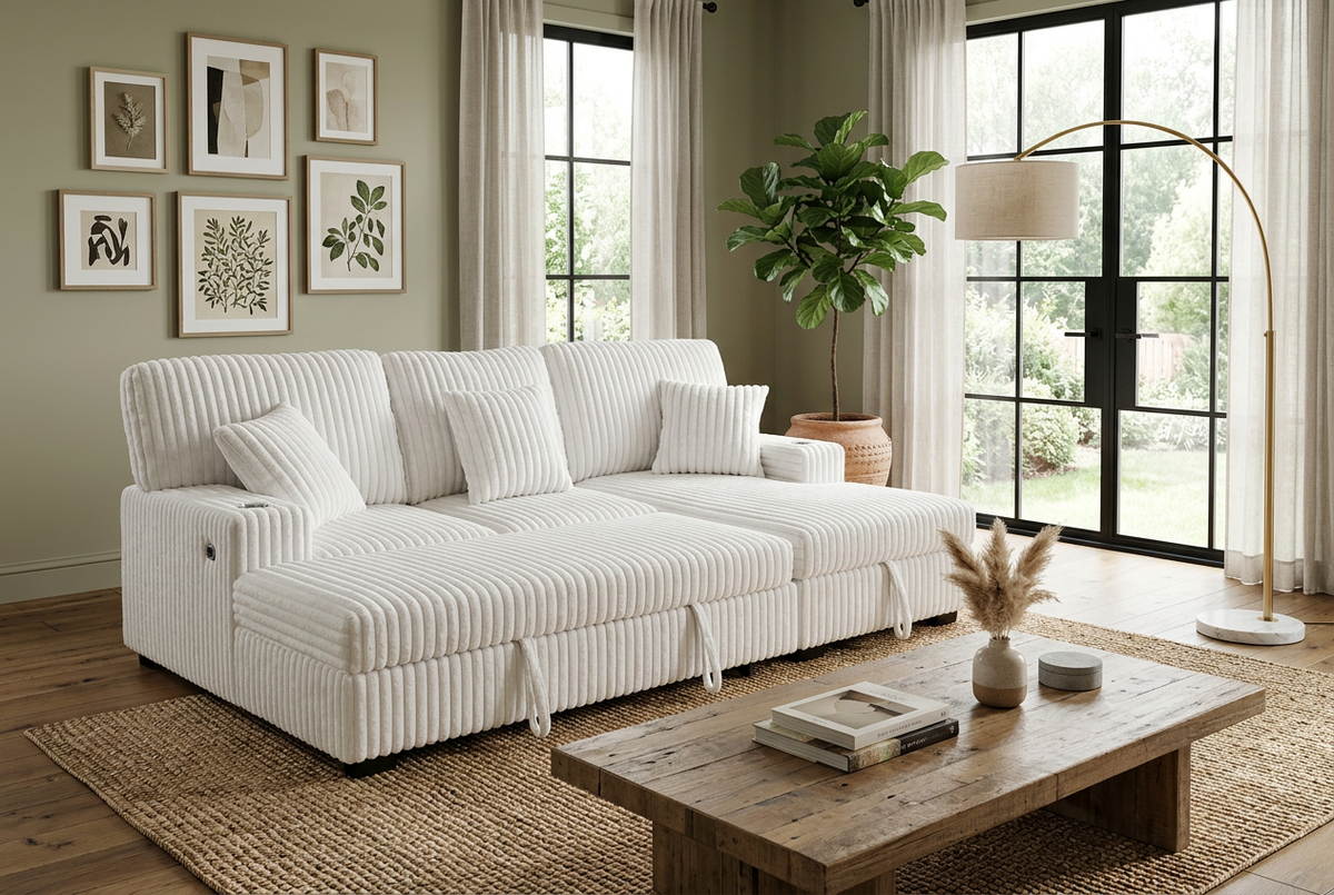 Ivory corduroy sectional sleeper with chaise and tufted back cushions, laid-back seating