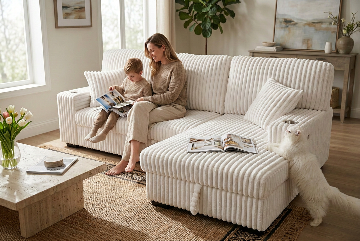 Ivory corduroy sectional sleeper with chaise, family relaxing on the open seat