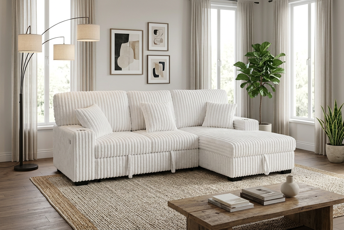 Ivory corduroy sectional sleeper with chaise and two-tier back cushions