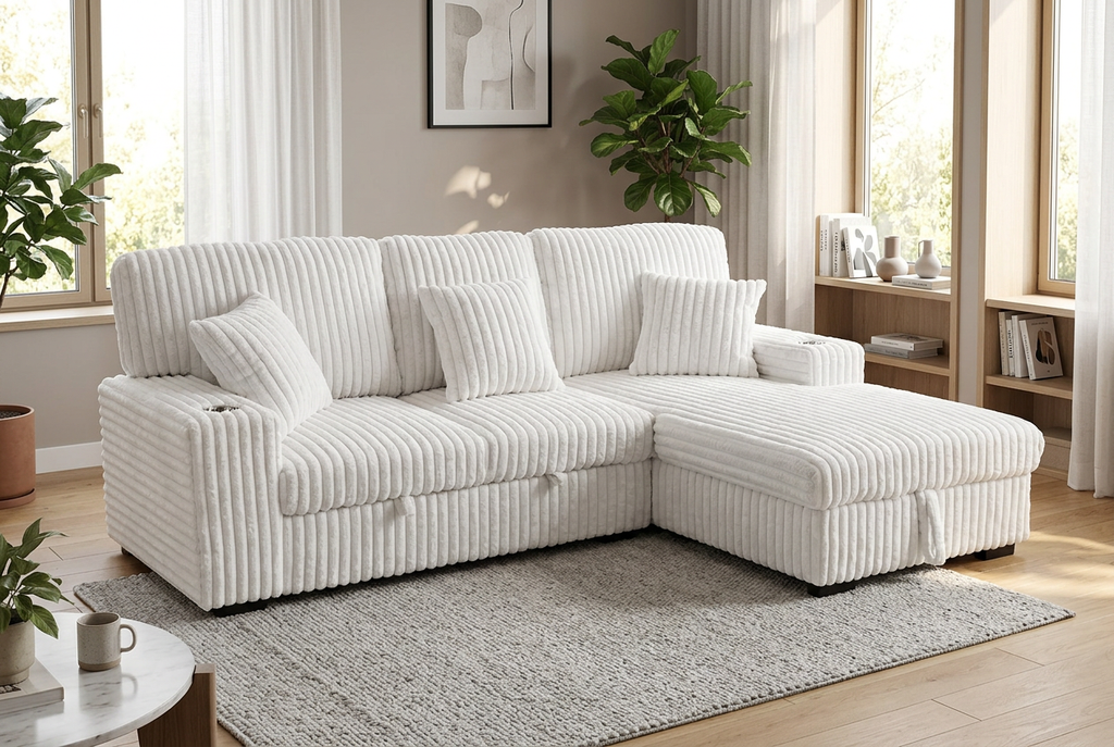 Ivory corduroy sectional sleeper with chaise, solid armrest cushions and deep seats