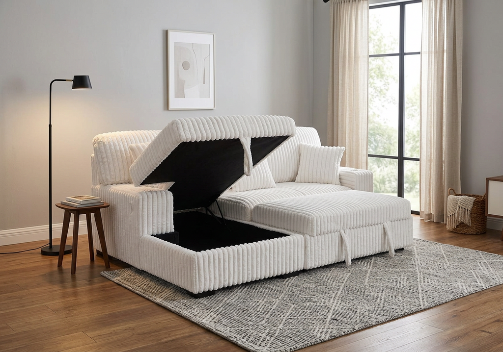 Ivory corduroy sleeper sectional with bed opened to reveal a dark storage compartment