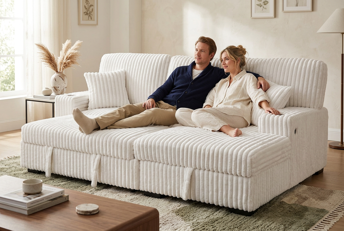 Ivory corduroy sectional sleeper with chaise, two people lounging on the sofa