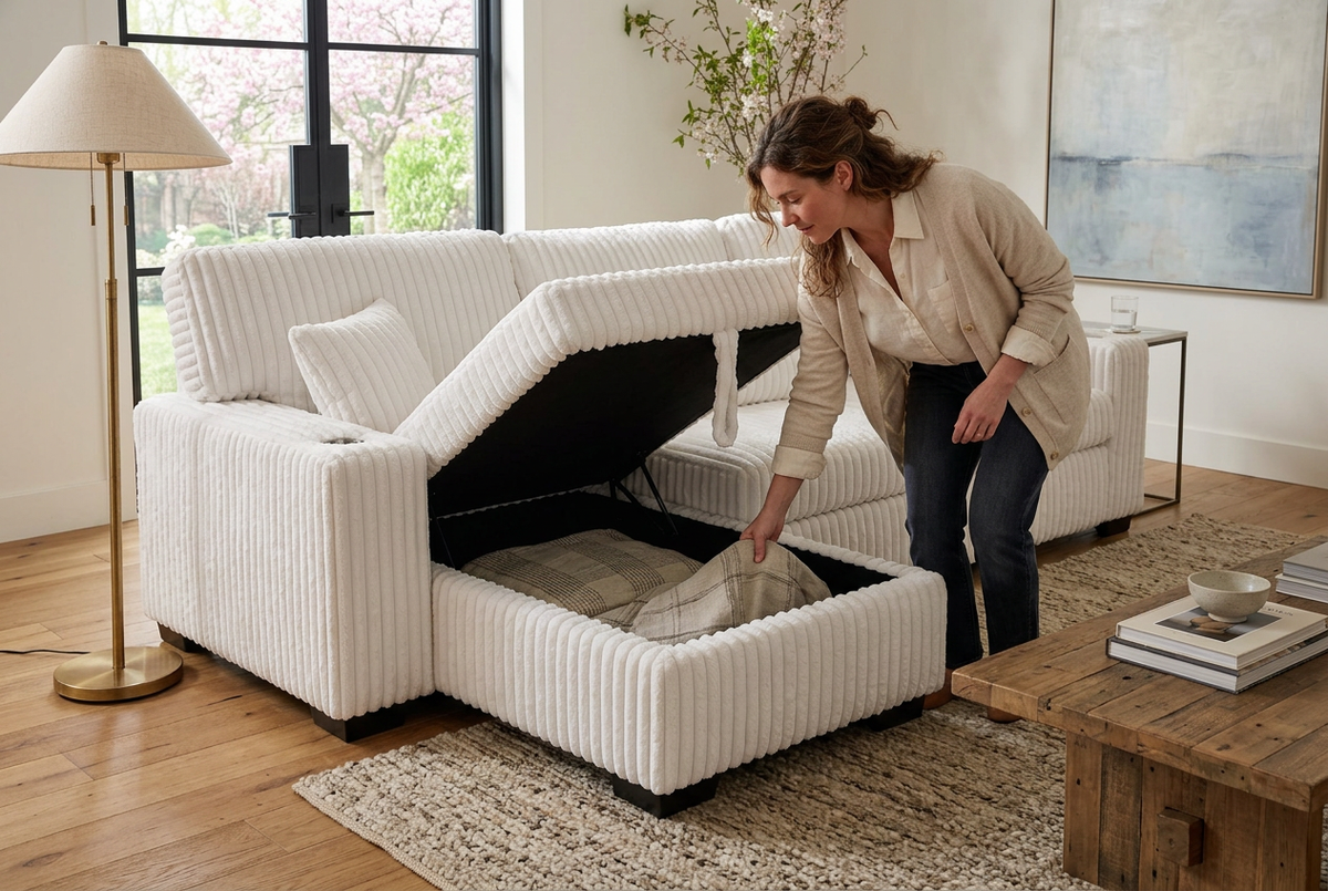 Ivory corduroy sleeper sectional with open storage compartment and folded mattress frame