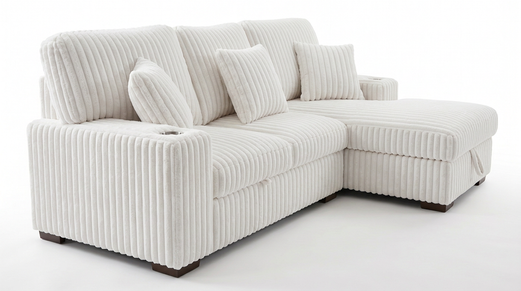 Ivory corduroy storage sleeper sectional sofa with wide chaise and armrests