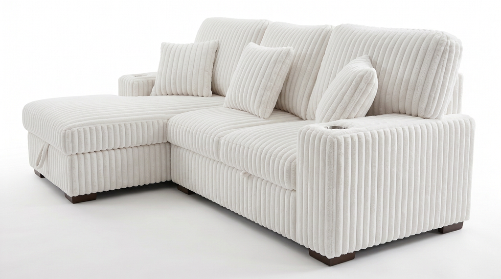 Ivory corduroy storage sleeper sectional sofa from front corner view with chaise