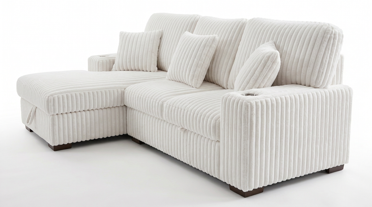 Ivory corduroy storage sleeper sectional sofa from front corner view with chaise