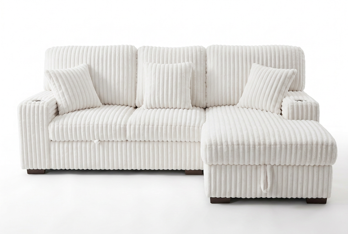 Ivory corduroy sectional sleeper sofa with chaise, close-up of striped fabric quilting
