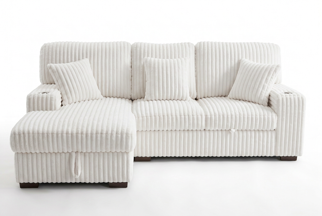 Ivory corduroy storage sleeper sectional sofa with tufted seat and lumbar pillows