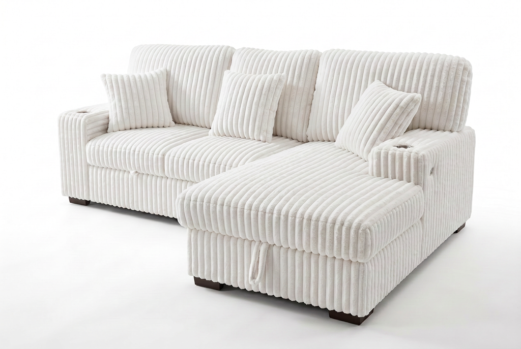 Ivory corduroy storage sleeper sectional with chaise and pillow back cushions
