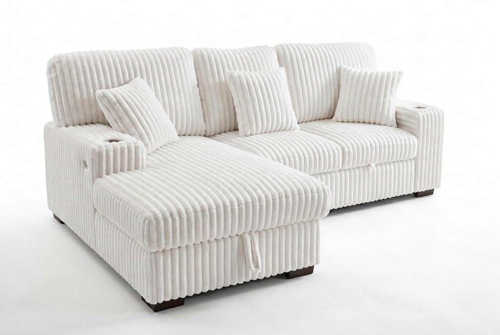 Ivory corduroy storage sleeper sectional sofa with pull-out chaise and back cushions