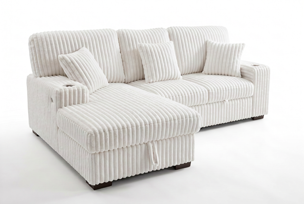 Ivory corduroy storage sleeper sectional sofa with pull-out chaise and back cushions
